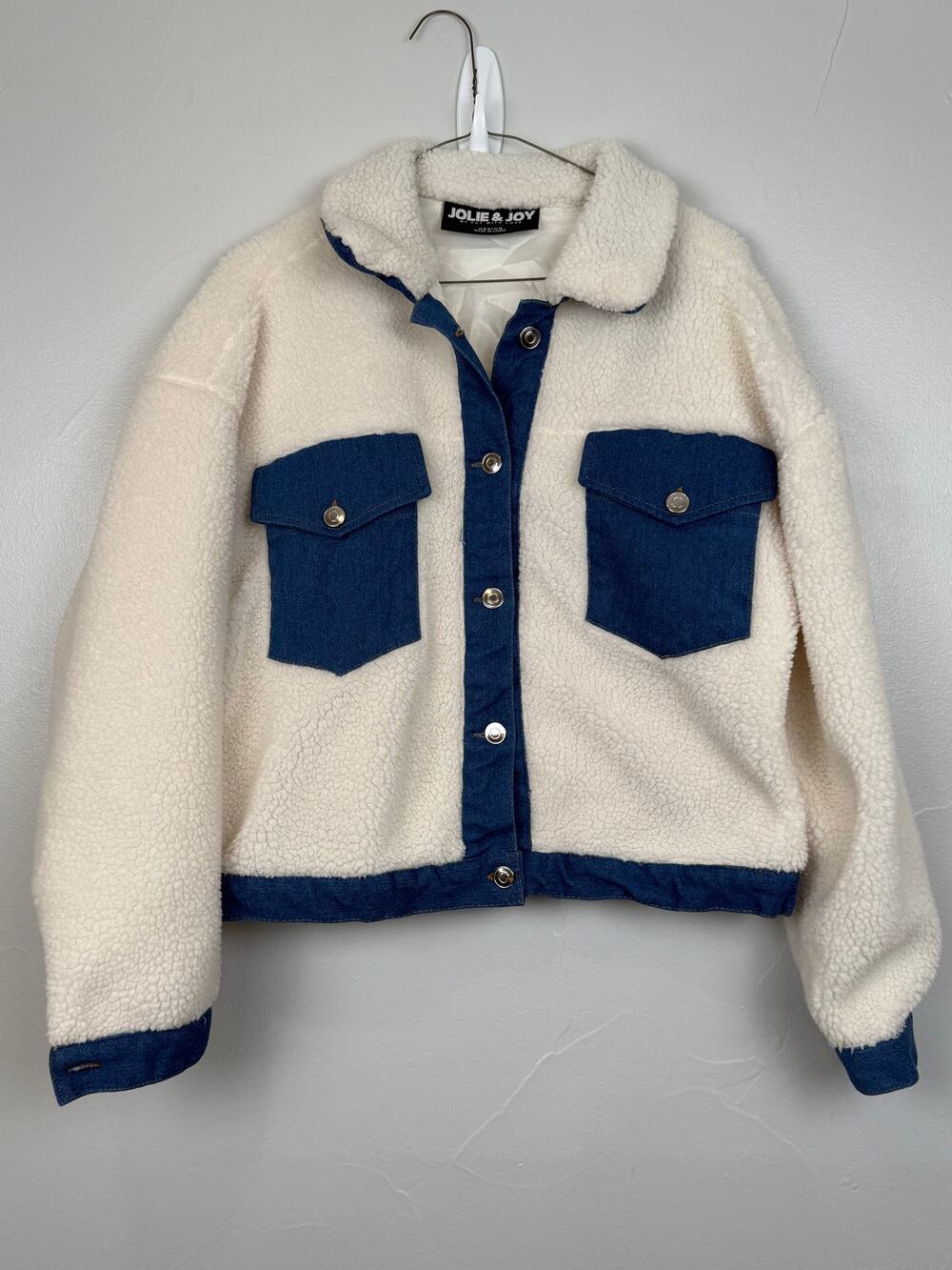 Jolie & Joy Sherpa Jacket Medium Cream White Denim Trim Shacket Streetwear